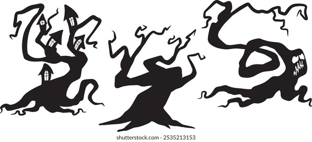 Naked trees silhouettes set Leafless Tree, Dead Tree, Trunk Branches drawn isolated illustrations dead Trees silhouette dry tree silhouette with scary look for Halloween halloween tree silhouette set