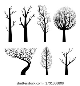 Naked trees silhouettes set vector. Hand drawn isolated illustrations