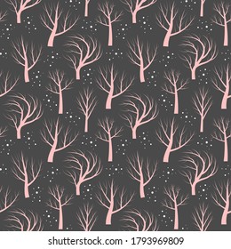 Naked trees with snow seamless pattern. Pink silhouettes on grey background. Vector illustration.