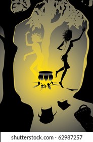 Naked witches dance around the fire in the woods