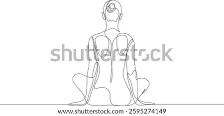 Naked woman sitting continuous one line drawing, rear view. Woman in mediation minimalist trendy line art. Contour vector illustration.