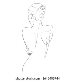 Naked woman standing back one line drawing on white isolated background. Vector illustration 