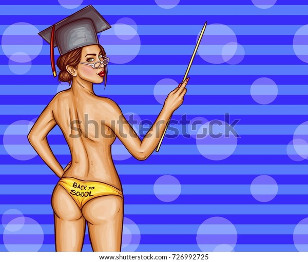 卒業帽を被った裸の女性教師と 木の指針を手に後ろ向きに立ち ポップアートベクターイラストを振り返る眼鏡 学校に戻って セクシーな女の子とコピースペースのコンセプトを固定する のベクター画像素材 ロイヤリティフリー