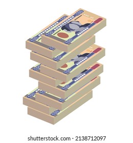 Ilustración del vector Nakfa. Enormes paquetes de dinero eritreos ponen billetes en racimo. Dinero en papel 100 NFK. Estilo plano. Aislado sobre fondo blanco. Diseño sencillo y mínimo.