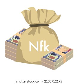 Ilustración del vector Nakfa. Enormes paquetes de dinero eritreos ponen billetes en racimo. Bolsa de dinero 100 NFK. Estilo plano. Aislado sobre fondo blanco. Diseño sencillo y mínimo.