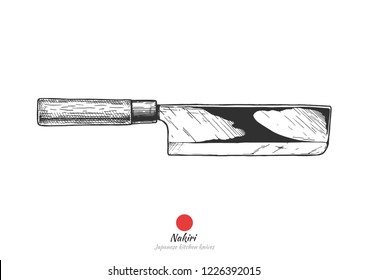 Nakiri, Japanese vegetable kitchen knife. Vector hand drawn illustration in vintage engraved style. Isolated on white background.