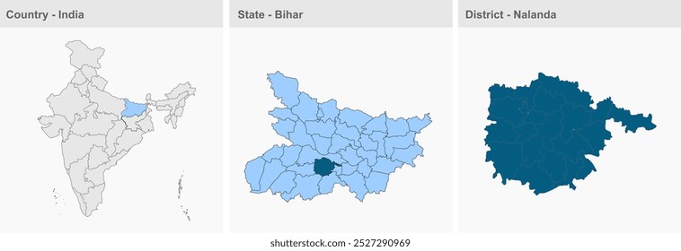 Mapa del distrito de Naland (Estado de Bihar, República de la India), Distrito de Nalanda, Estado de Bihar, República de la India, Gobierno de Bihar, Territorio indio, India oriental, política, aldea, turismo
