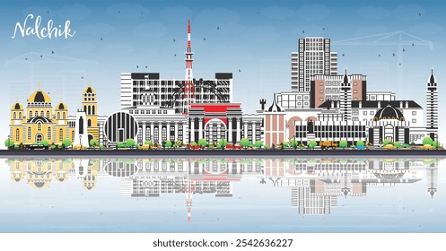 Nalchik Russia city skyline with color buildings, blue sky and reflections. Vector illustration. Nalchik cityscape with landmarks. Travel and tourism concept with modern and historic architecture.