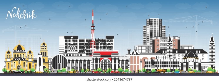 Nalchik Russia city skyline with color buildings and blue sky. Vector illustration. Nalchik cityscape with landmarks. Business travel and tourism concept with modern and historic architecture.