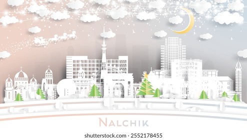 Nalchik Russia. Winter city skyline in paper cut style with snowflakes, moon and neon garland. Christmas and new year concept. Santa Claus on sleigh. Nalchik cityscape with landmarks.