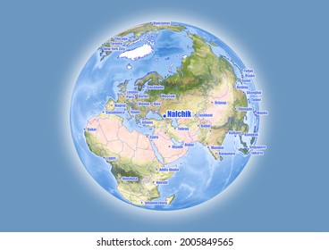 Nalchik-Russia wird auf der Weltkarte der Vektorgrafik angezeigt. Die Karte zeigt die Lage Nalchik-Russlands in der Welt.