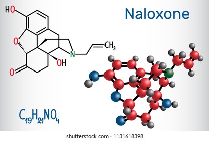Naloxone molecule. It is used to block the effects of opioids, especially in overdose. Structural chemical formula and molecule model. Vector illustration