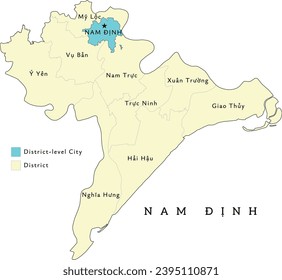 Nam Dinh (Nam Định) province of Vietnam administrative divisions map. Clored. Vectored. Types of districts