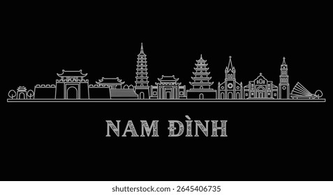 Nam Dinh Vietnam Skyline com Silhueta Branca, e Preto.