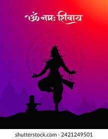 "Om Namah Shivay" caligrafía en hindi, por "Lettering" se entiende Lord Shiv Shankar, fondo himalaya e ilustración de Shiva Lord, cartel tradicional de diseño de afiches de Festival Ilustración vectorial