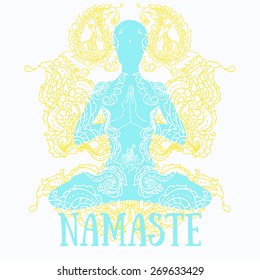 namaste banner, human in lotus asana with paisley ornament, vector illustration