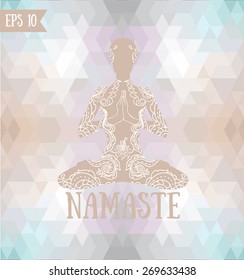 namaste banner, human in lotus asana with paisley ornament, vector illustration