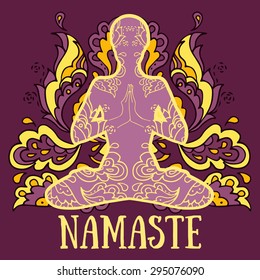 namaste banner, human in lotus asana with paisley ornament, vector illustration