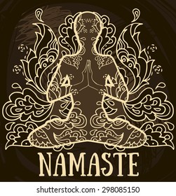 namaste banner, human in lotus asana with paisley ornament, vector illustration