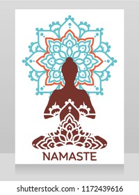 Namaste banner with lady in lotus asana on mandala ornament, vector illustration