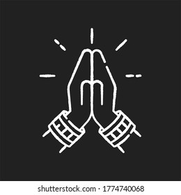 Namaste chalk white icon on black background. Hindu greeting. Hands pressed together. Respectful salutation. Anjali Mudra. Praying hands. Indian religion. Asian gesture. Isolated vector chalkboard