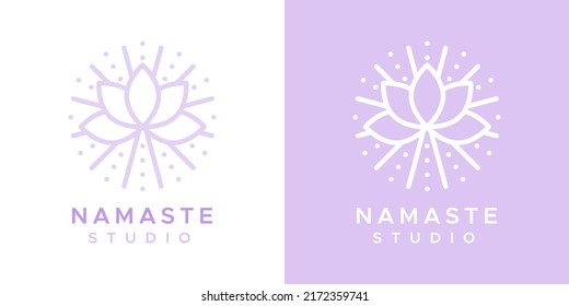 Namaste club logo. Outline floral symbol. For company brand, packaging, product. Logotype in two versions: color and white. Vector illustration, flat design