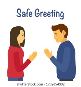Namaste greeting to avoid Covid-19 coronavirus disease. No hand shake. Man and woman are safe greeting concept vector illustration on white background. Asian style of people greeting.