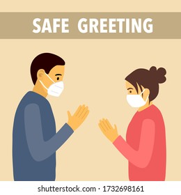 Namaste greeting to avoid Covid-19 coronavirus disease. No hand shake. Man and woman wearing medical mask and safe greeting concept vector illustration. Asian style of people greeting.