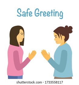 Namaste greeting to avoid Covid-19 coronavirus disease. No shake hands. Women are safe greeting concept vector illustration on white background. Asian style of people greeting.