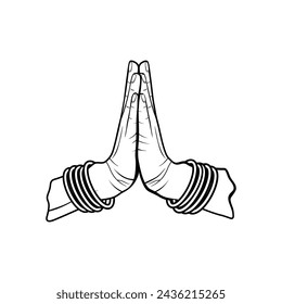 namaste hand gesture with gold wristband black and white vector illustration