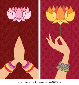 Namaste Hand & Holding Lotus Banner  - Inspired by Indian art henna - Detailed and easily editable