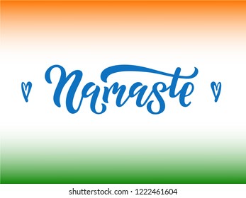 Namaste handwritten modern lettering for invitation, greeting card, postcard, typography poster, t-shirt, emblem. Hello in hindi. Motivational positive quote on background. Vector illustration EPS 10