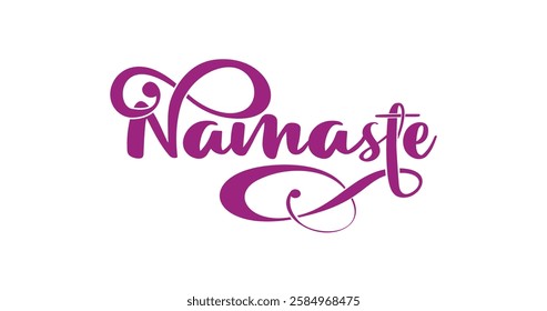 Namaste handwritten text calligraphy vector in a flowing, artistic script with graceful swashes and curves. The purple typography symbolizes peace and mindfulness, perfect for yoga and meditation