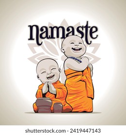 Namaste. Happy little buddhas stand up with drum. Buddhist monks cartoon character statue. 