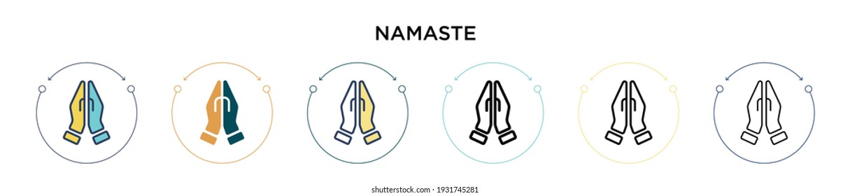 Namaste icon in filled, thin line, outline and stroke style. Vector illustration of two colored and black namaste vector icons designs can be used for mobile, ui, web