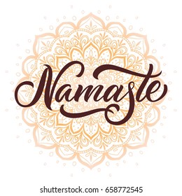 Namaste, indian greeting, hand drawn lettering on abstract doodle round ornament on white background, mandala boho design. Vector illustration.