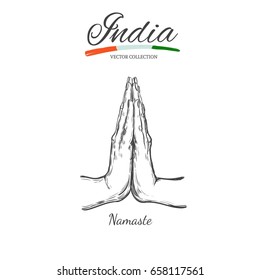 Namaste. Indian mudra. Spirituality. India. Yoga. Vector hand drawn poster, template, print.