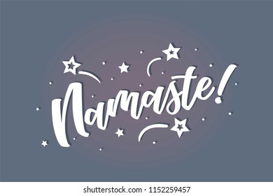 Namaste lettering card, banner. Beautiful greeting scratched calligraphy white text word stars. Hand drawn invitation print design. Handwritten modern brush blue background isolated vector