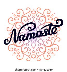 Namaste lettering. Hello in Hindi. Lettering design with. ?olorific pattern with curls. Vector typography.