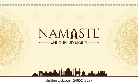 Namaste Logo Design With Mandala Background Art along with India's Skyline.