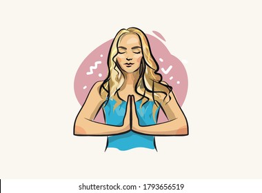 Namaste! Meditation and yoga. Postcard with young blonde girl, holding hands in prayer position.