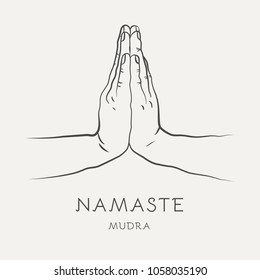 Namaste mudra - gesture in yoga fingers. Symbol in Buddhism or Hinduism concept. Ritualistic indian greeting. Vector illustration isolated on white background