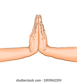 Namaste mudra - gesture in yoga fingers. Symbol in Buddhism or Hinduism. Yoga technique for meditation. Realistic colored hand in gesture. Promote physical and mental health. Vector illustration