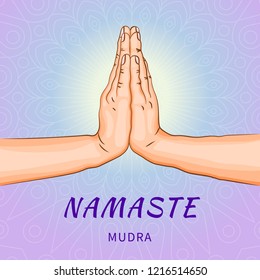 Namaste mudra - gesture in yoga fingers. Symbol in Buddhism or Hinduism concept. Ritualistic indian greeting. Vector illustration isolated on white background