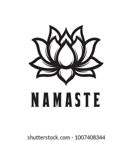 Namaste sign. Hello in hindi. Lotus flower isolated on white background. Motivational positive quote. Yoga center emblem. Vector vintage illustration.
