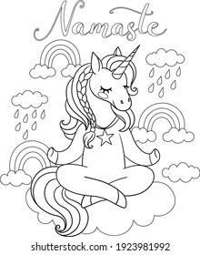 Namaste text. Cute unicorn sitting on a cloud in lotus position. Meditation in yoga pose. Vector outline for coloring page