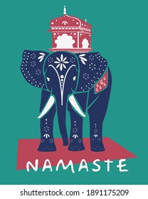 Namaste text elephant illustration with ornaments print for kids tee and poster