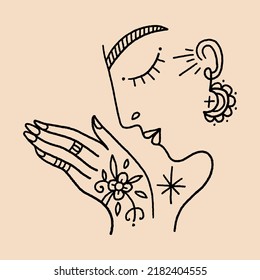 Namaste woman henna tattoo mehendi hands. Indian and Buddhism illustration. Vector clipart symbol. Good for yoga studio poster, branding, t-shirt and more.
