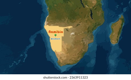 Nambia map on the world background. The capital city is Winhoek. The country was known as South West Africa. Official language is English. Famous with the highest dunes and oldest desert, Namib