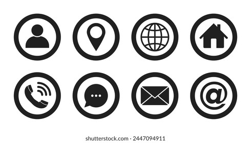 Name, address, location, phone number messenger, postal address, email symbols. Contact us outline icons set.